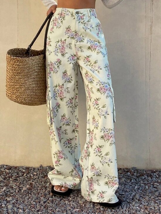 MODA ME COUTURE Denim - Multicolor Boho Women's Cargo Style High Waist Printed Pocket Casual Jeans